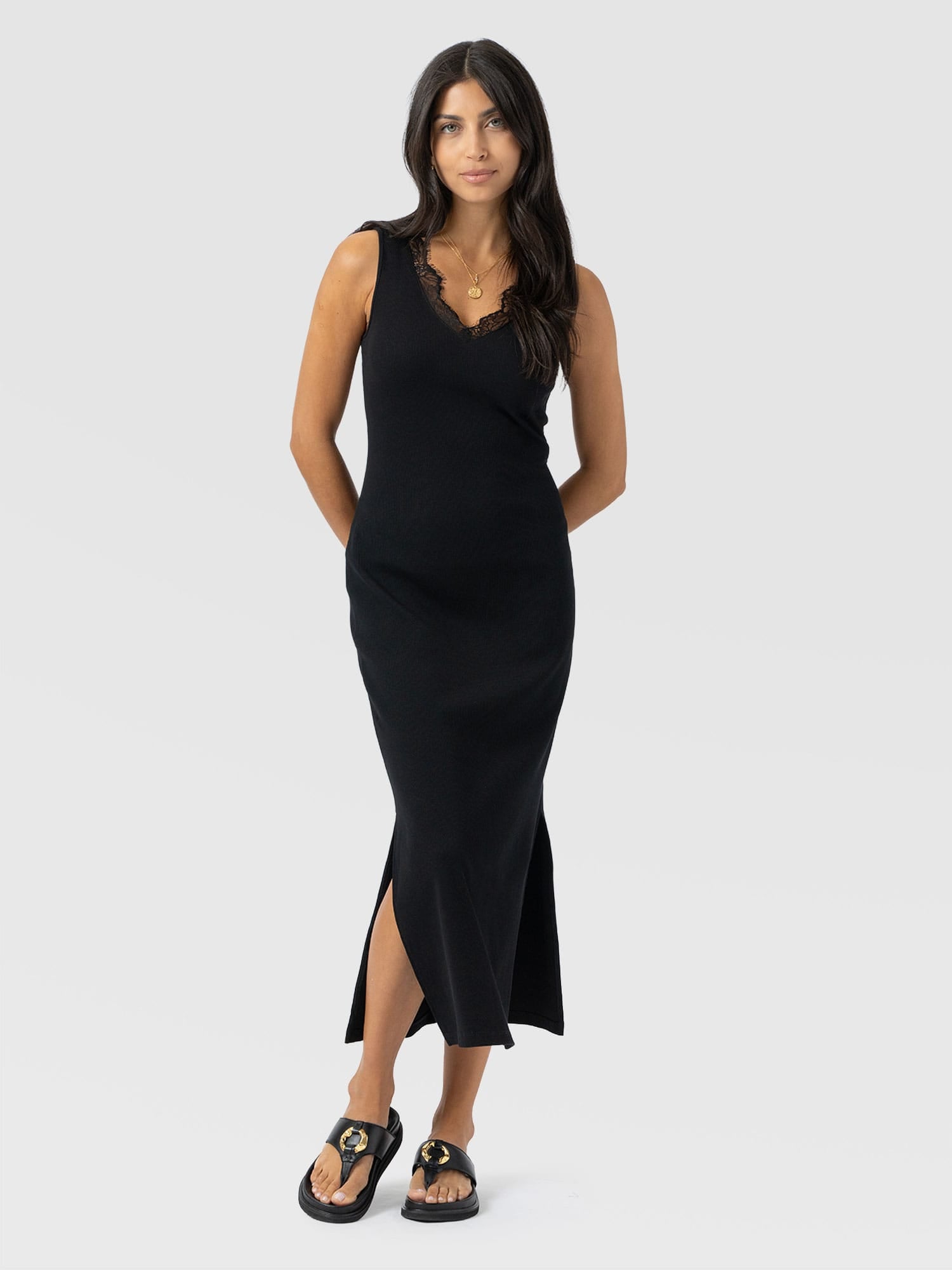 Andie Sleeveless V Neck Dress - Black Lace - Image 2