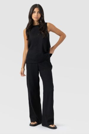 Corinne Wide Leg Linen Pant - Black