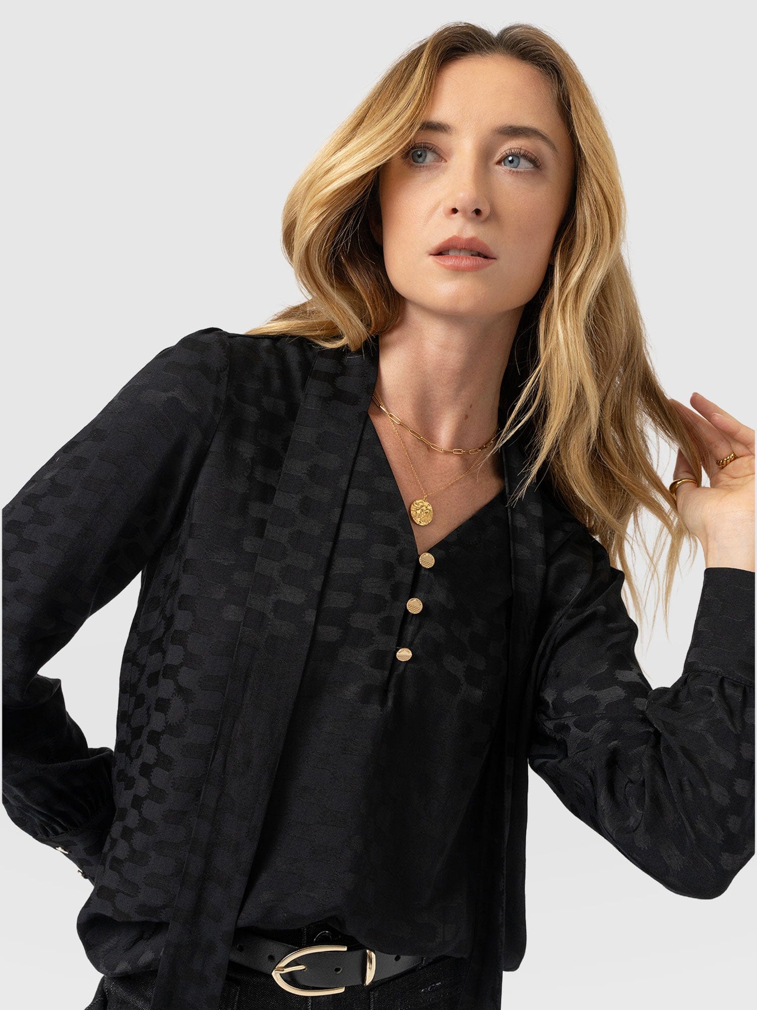 Joselyn V Neck Blouse - Black Jacquard - Image 4