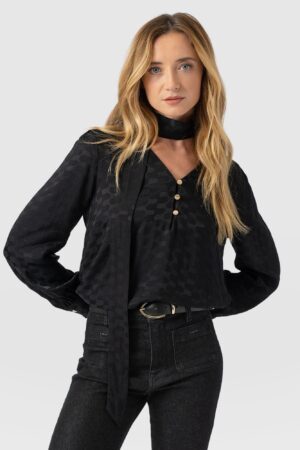 Joselyn V Neck Blouse - Black Jacquard