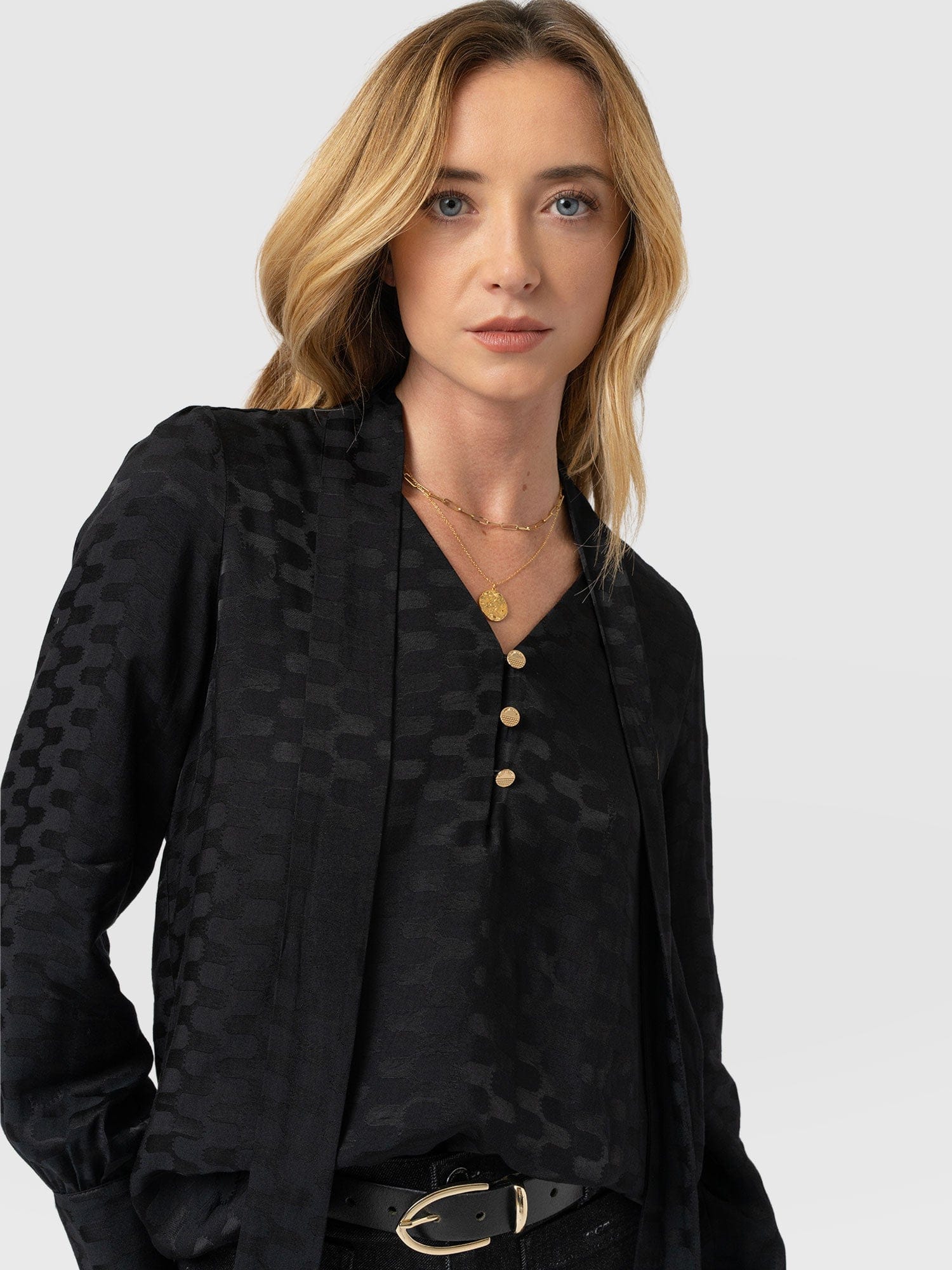 Joselyn V Neck Blouse - Black Jacquard - Image 3