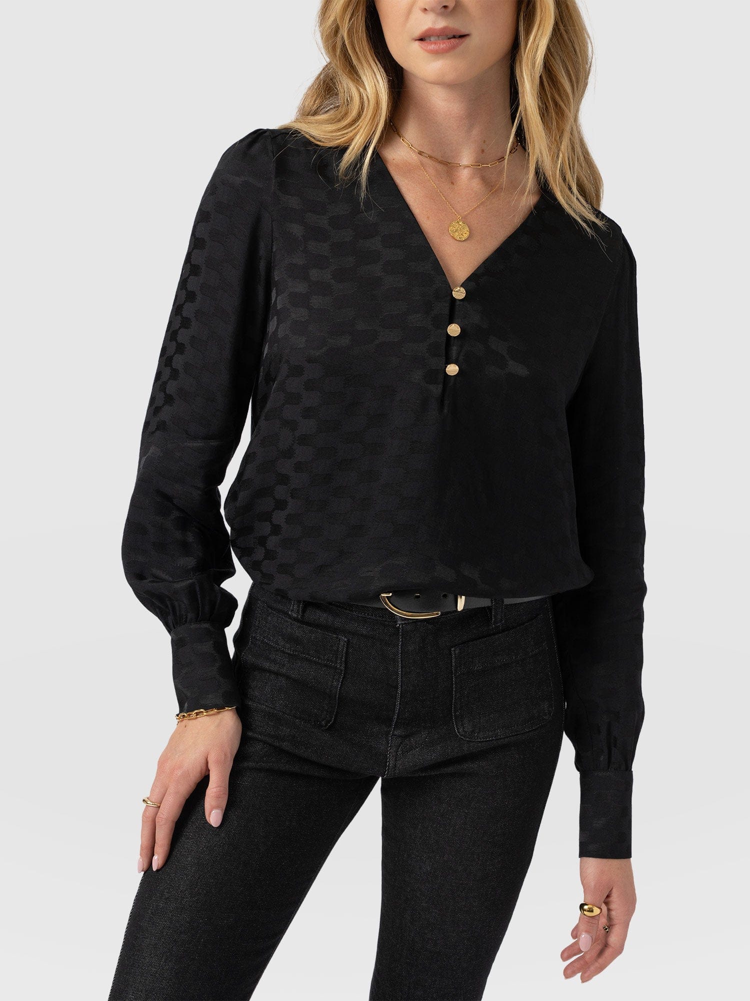 Joselyn V Neck Blouse - Black Jacquard - Image 5
