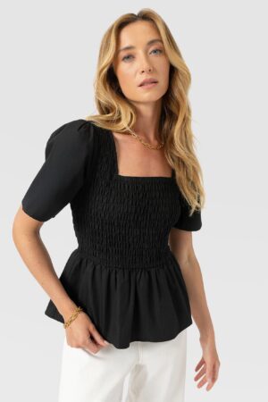 Maya Shirring Peplum Top - Black