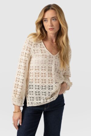 Ottilie V Neck Blouse - Cream Broderie