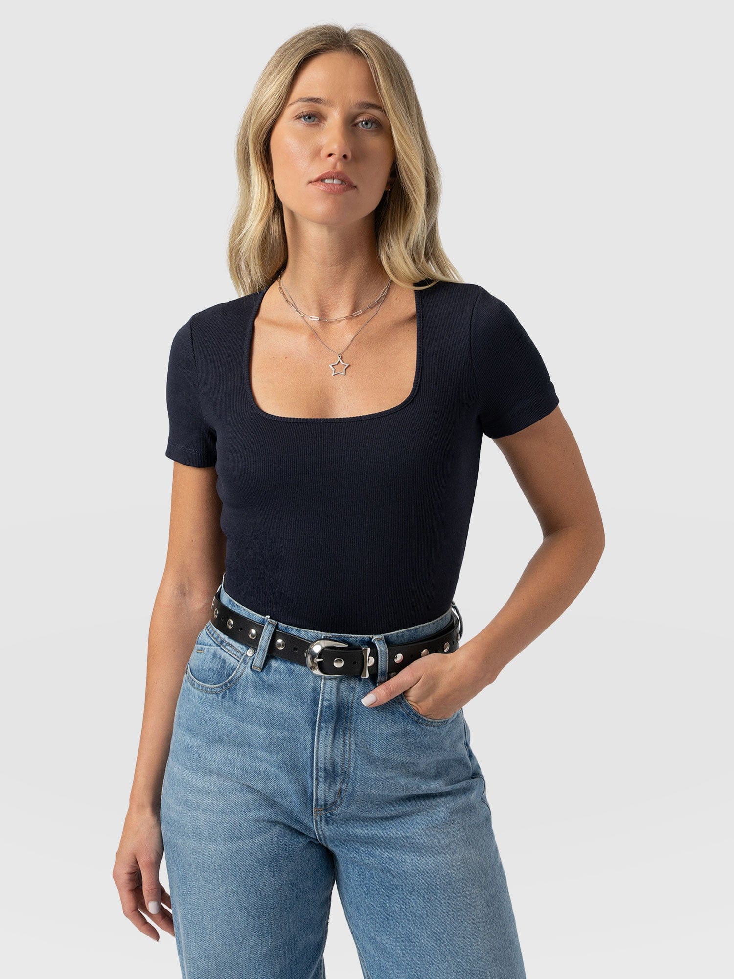 Sloane Ribbed Short Sleeve Tee - Navy - Image 3
