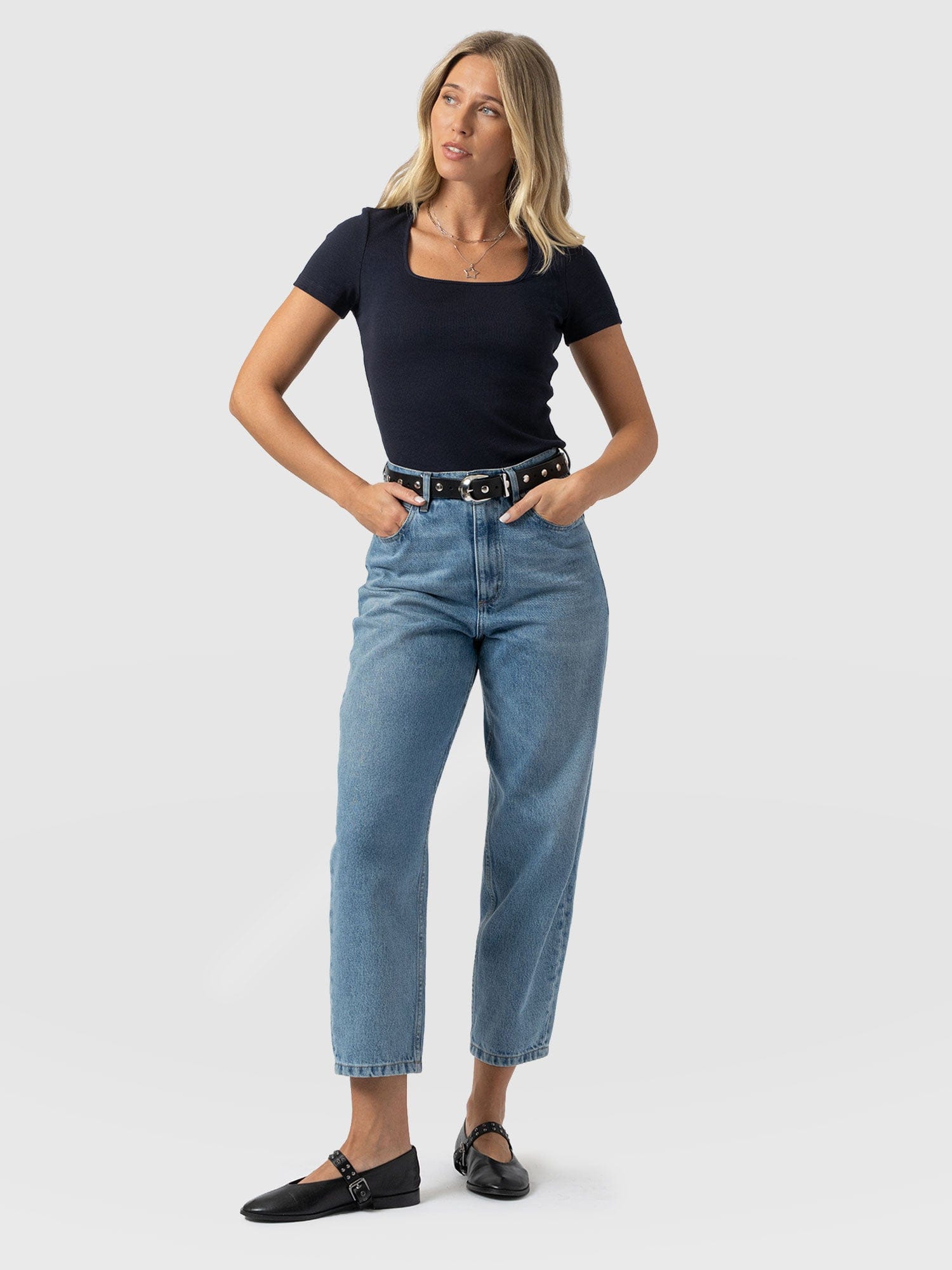 Sloane Ribbed Short Sleeve Tee - Navy - Image 2