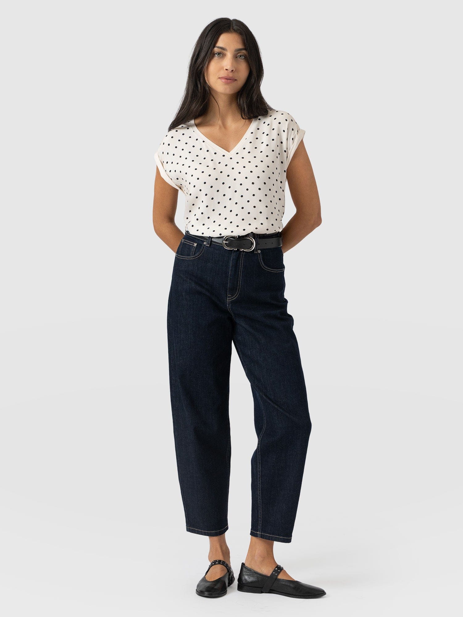 Turn Up Contrast V Neck Tee - Cream Polka Dot - Image 2