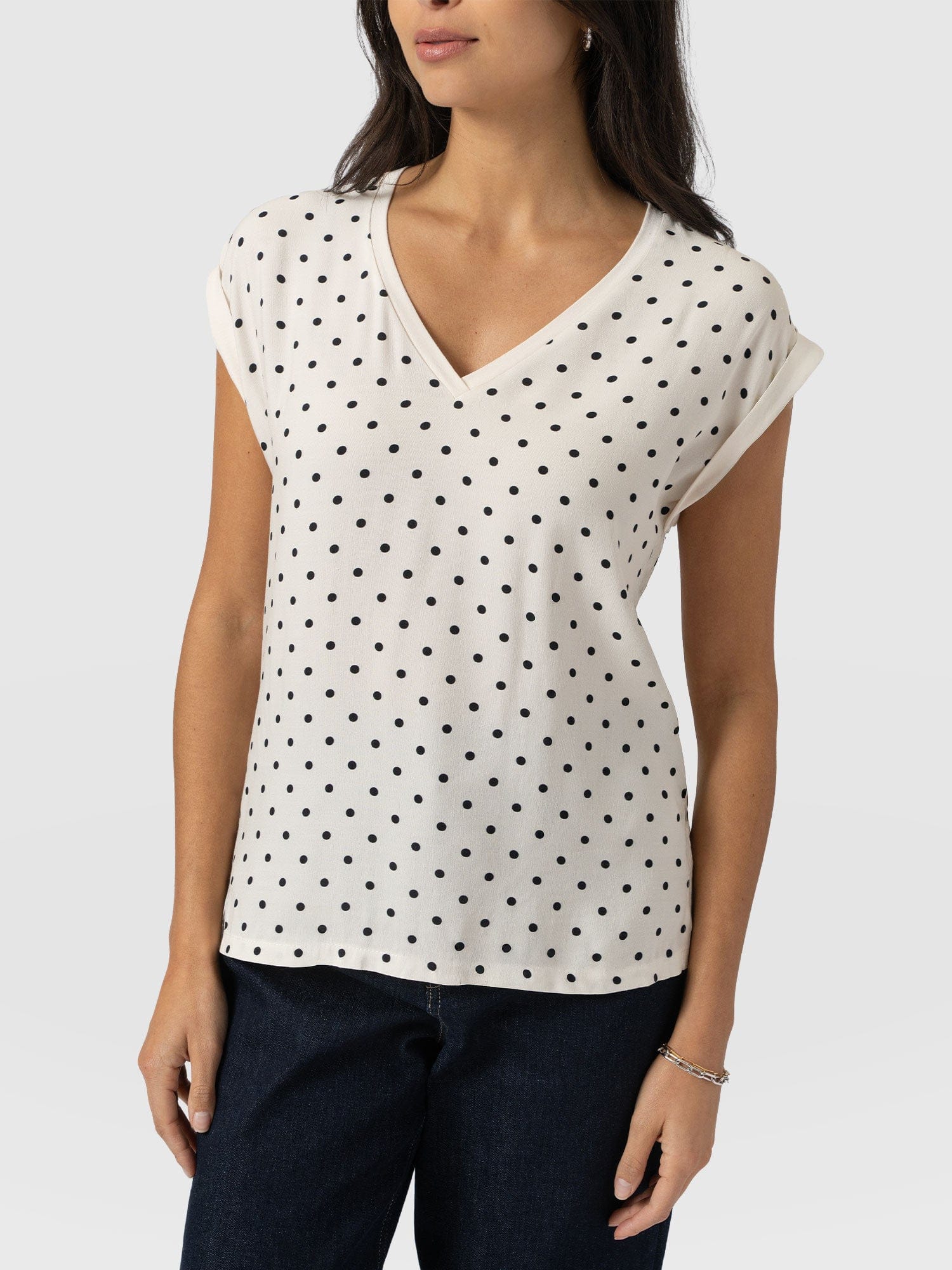 Turn Up Contrast V Neck Tee - Cream Polka Dot - Image 3